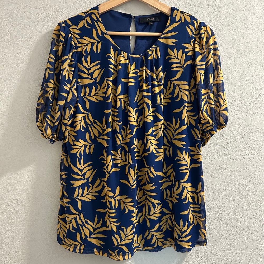 Eclair Women's Blue & Gold Leaf Print Sheer Sleeve‎ Blouse Top Size M
